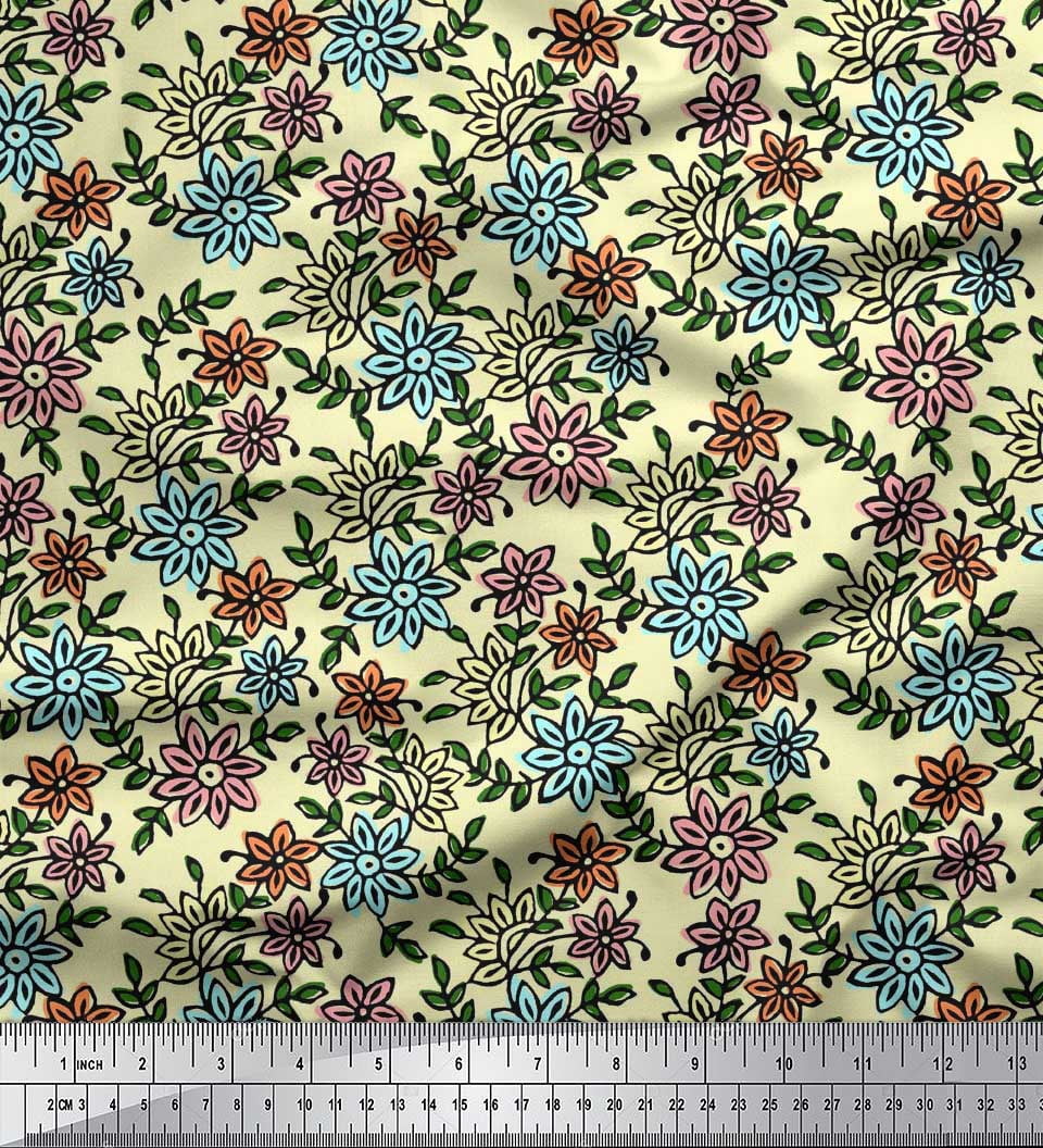 Soimoi Tissu Satin Modal Feuilles & Floral Imprimé au Mètre 42 Pouces de Large