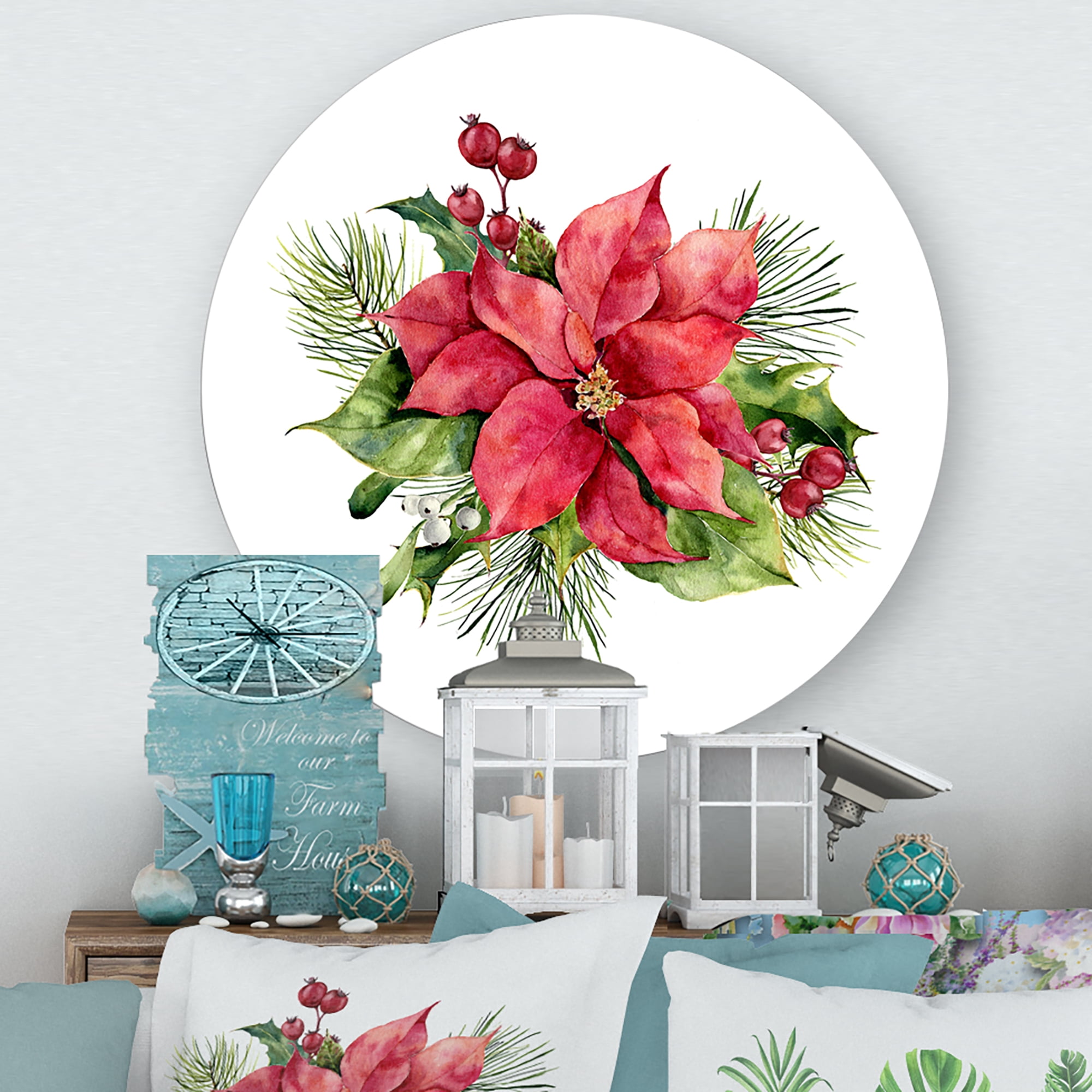 Designart 'Christmas Fir Branch and Holly Mistletoe Berries I' Traditional Circle Metal Wall Art 11x11 - Disc of 11