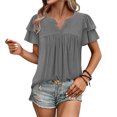 thumbnail image 3 of Camisetas Casuales de Manga Corta de las Mujeres con Cuello en V, Cuello Redondo, Color Sólido Blusa Ligera de Poliéster, 3 of 7