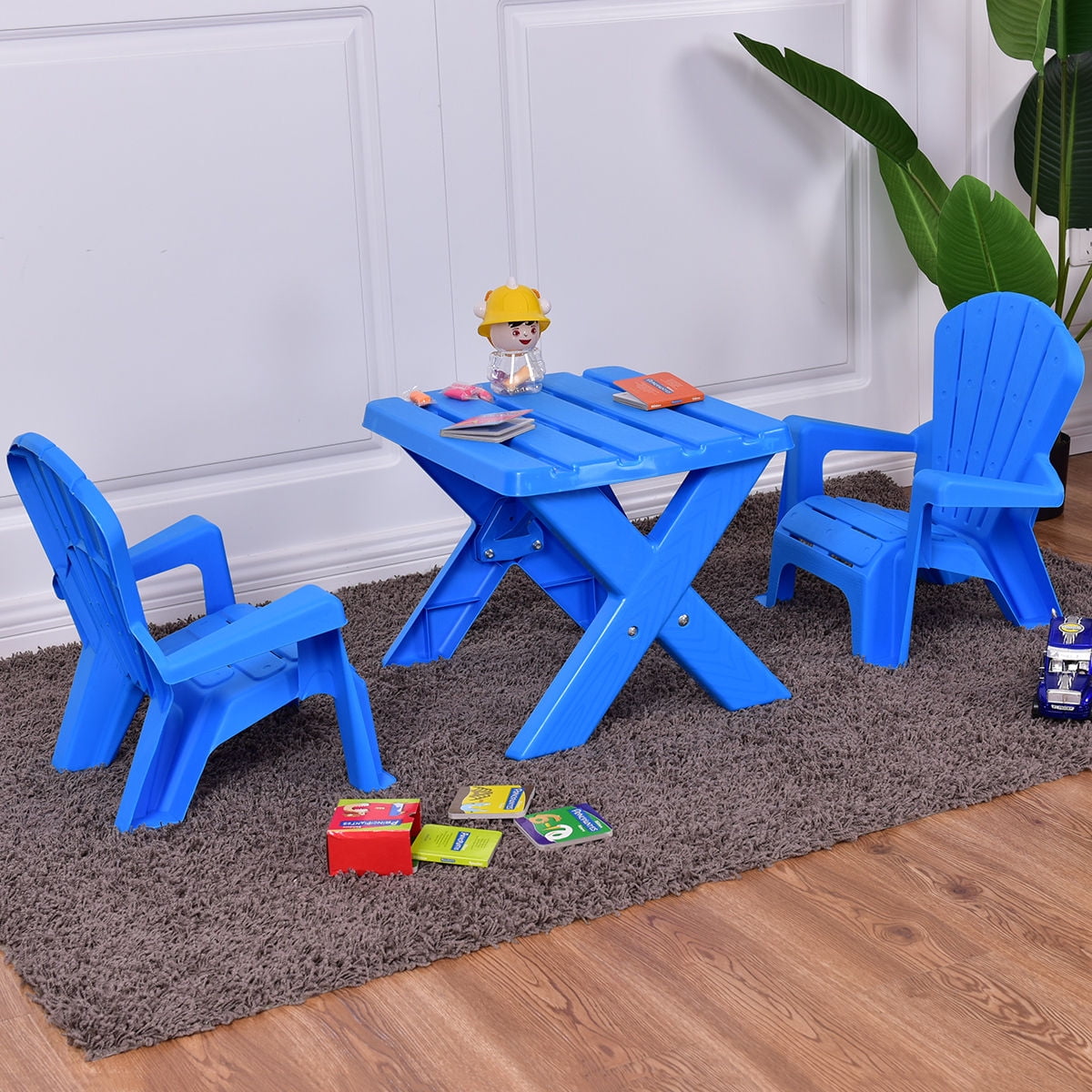 Costway Plastic Children Kids Table & Chair Set 3-Piece Play Furniture In/Outdoor Blue