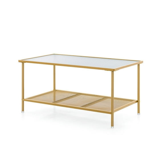 Spaco 2-Tier Coffee Table with Shelf Center Tea Table with Tempered Glass Top-Golden, Modern Coffee Table for Living Room Office Reception