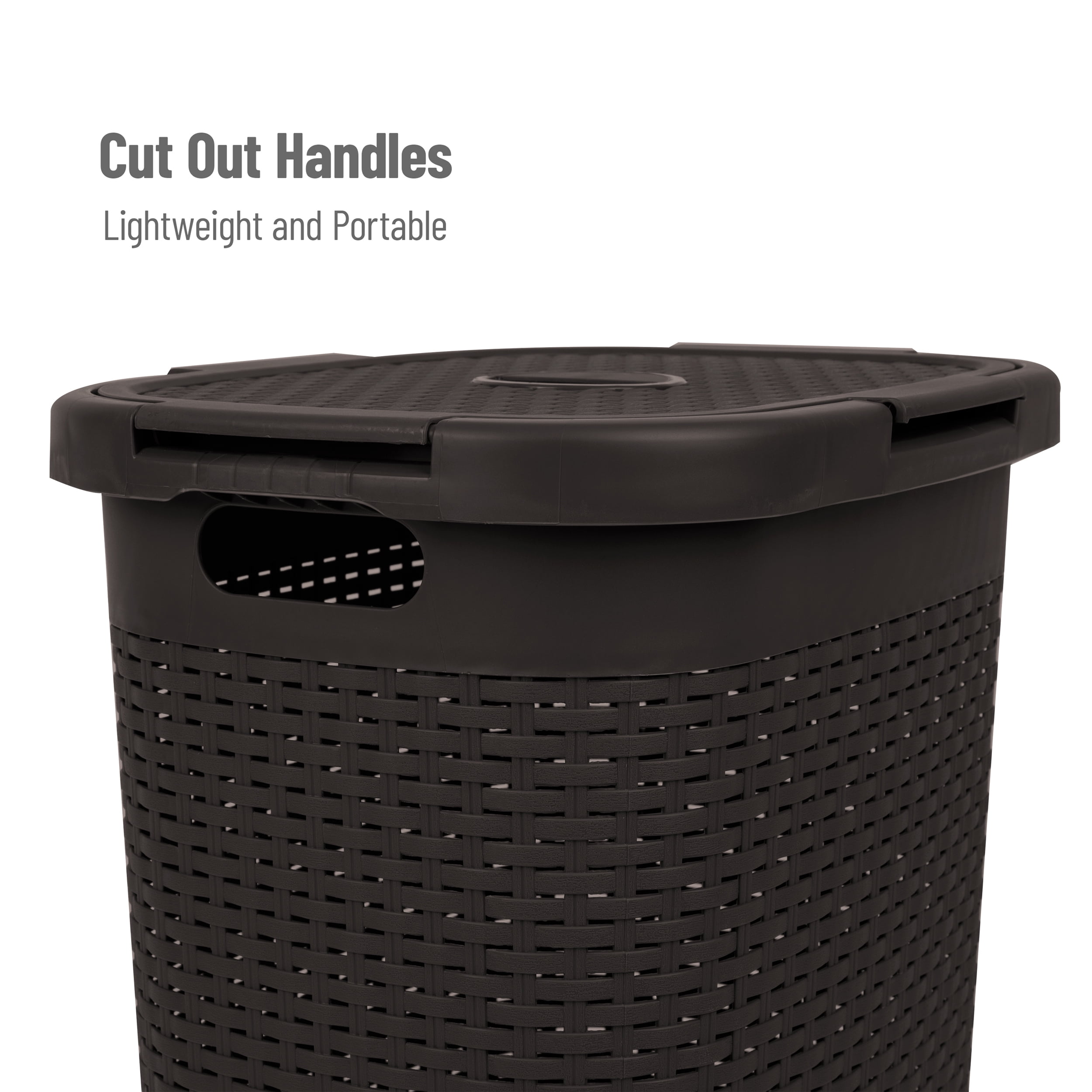 Mind Reader 60L Slim Laundry Hamper, Clothes Basket, Lid, Wicker Style, Plastic, 17.65"L x 13.75"W x 24.15"H, Set of 2, Brown