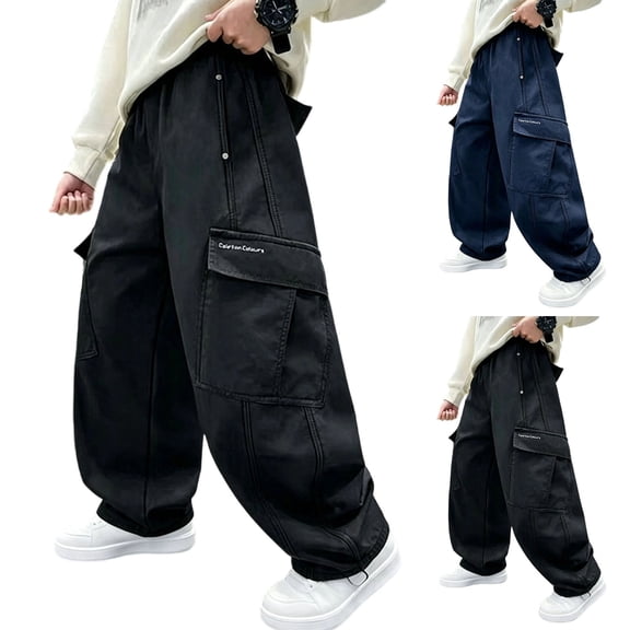 Rvasteizo Boys School Cargo Pants Fall Winter Elastic Waist Cotton Solid Casual Loose Cutting with Pocket 14 Years