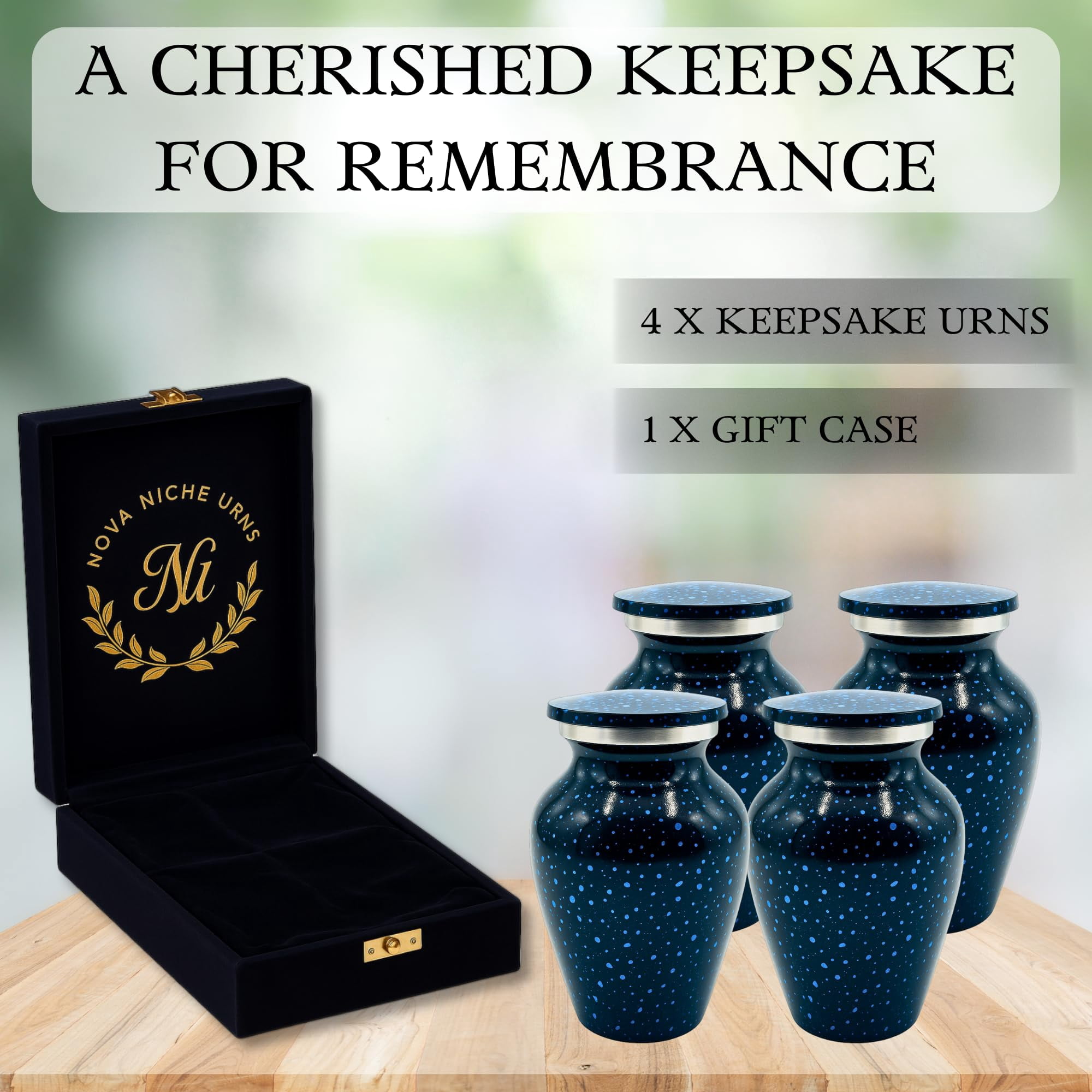 Nova Niche Urns Small Size Cremation Urn for Human Ashes, Mini Keepsake Set of 4 Black and Blue with Velvet Case