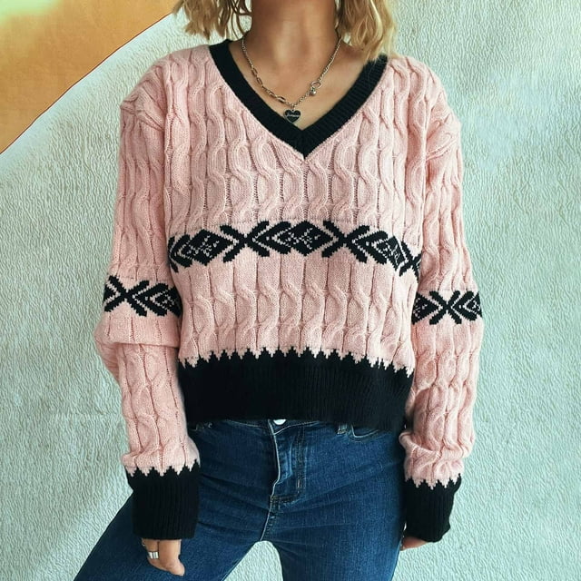 Ailaofu Women's Cable Knit Color Block Striped Sweater V Neck Long Sleeve Pullover Tops