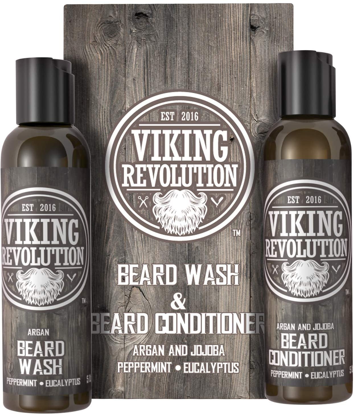 Viking Revolution Best Deal Beard Wash & Beard Conditioner Set w/Argan & Jojoba Oils - Softens & Strengthens - Natural Peppermint and Eucalyptus Scent - Beard Shampoo w/Beard Oil (5 oz)