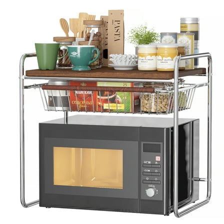 Yoneston 2-Tier Over Microwave Oven Rack with Pull Out Drawer, Metal Microwave Stand Utensils Tableware Seasoner Storage Rack for Kitchen Countertop Organizer