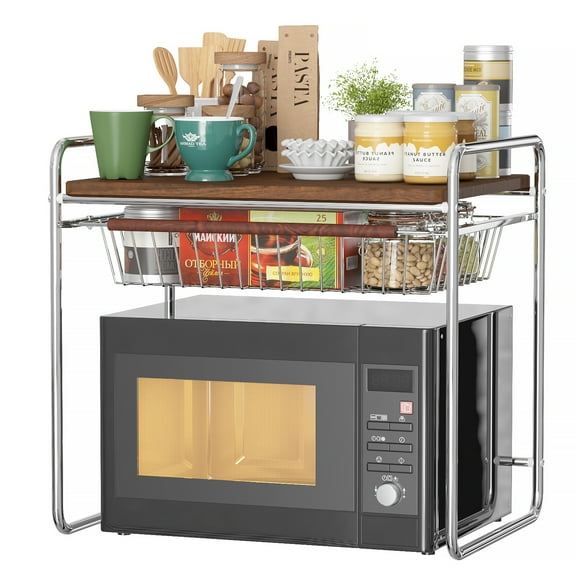 Yoneston 2-Tier Over Microwave Oven Rack with Pull Out Drawer, Metal Microwave Stand Utensils Tableware Seasoner Storage Rack for Kitchen Countertop Organizer
