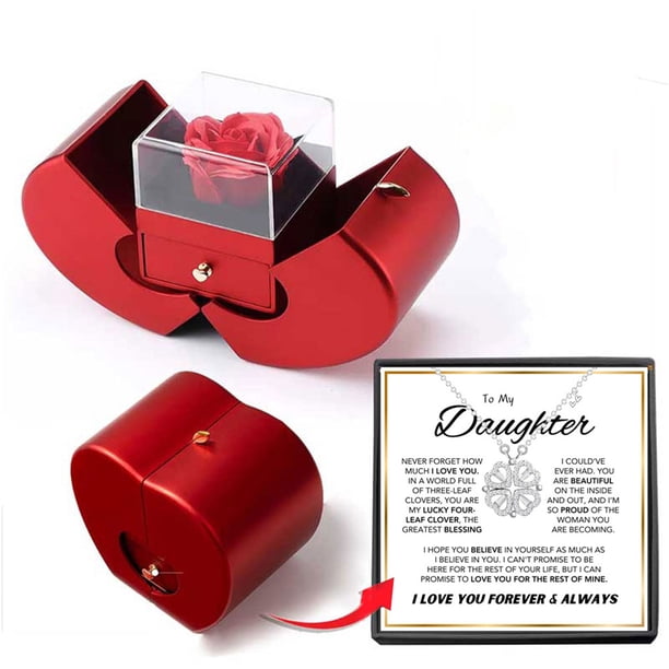 Collar de trébol de cuatro hojas para mujer | Colgante hueco con caja de regalo | Joya de la suerte para cumpleaños y aniversarios | Cadena de acero inoxidable bañada en cobre