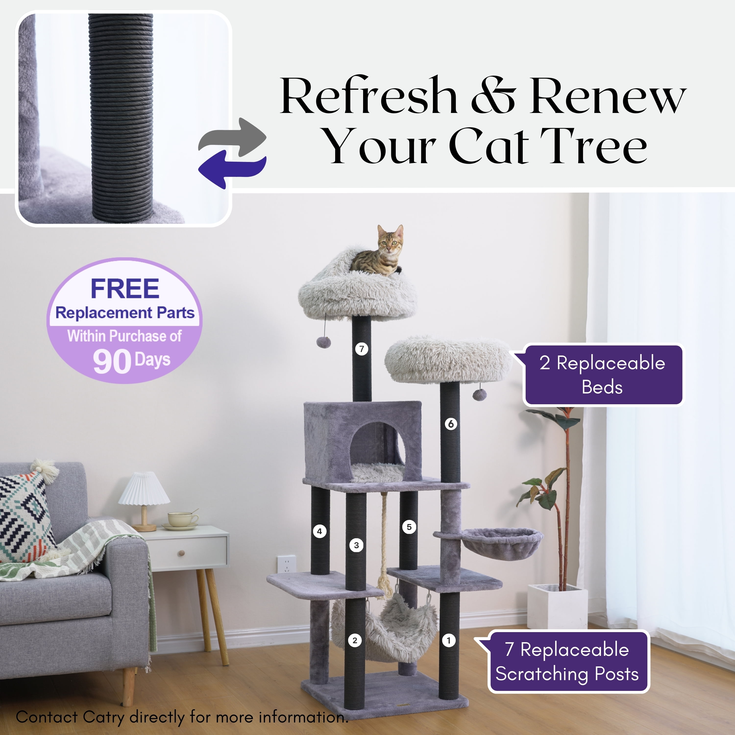 "Catry 63"" 7-Level Gray Cat Tree Tower for Large Cats with Hammock, Scratching Post, Plush Perches, LED Ball"