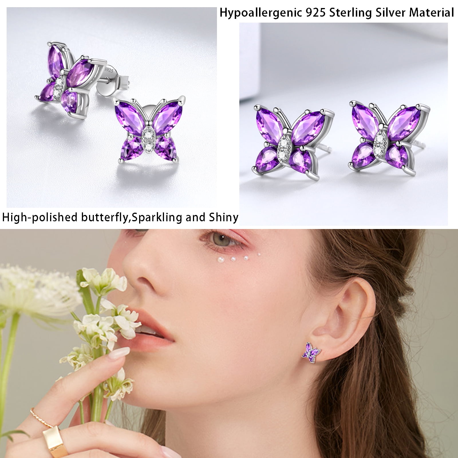 February Birthstone Jewelry Set Amethyst Purple Butterfly Fine Necklace/Earrings/Ring/Bracelet Sterling Silver Women Birthday Mother's Day Gifts