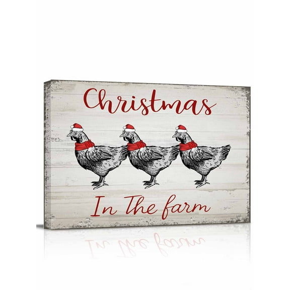 Christmas Chicken Canvas Print Wall Art In The Farm Wooden Stripes Farmhouses Pictures Painting Morden Artwork for Living Room Bedroom, Ready to Hang - 12"x16"