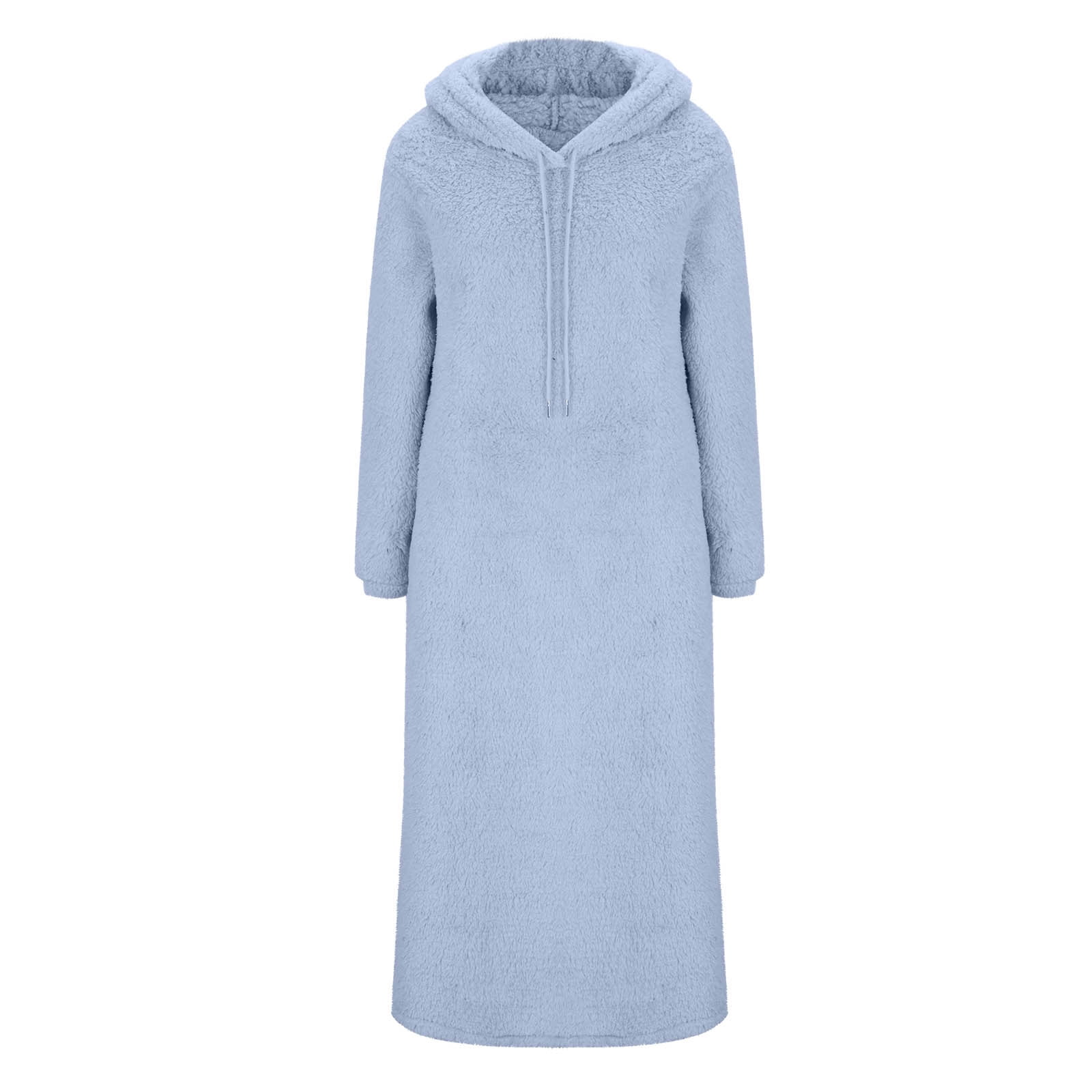 Yuaqua Women's Fluffy Nightgowns Long Sleeve Fuzzy Fleece Hooded Midi Dresses Fall Winter Loungewear Dress with Pockets(Light Blue,X-Large)