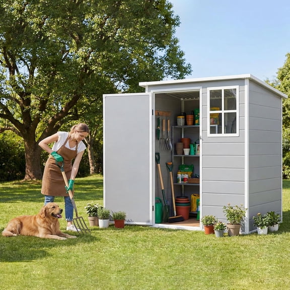 LARBANKE 5x3 ft Outdoor Resin Storage Shed with Floor & Window, Waterproof Plastic Garden Shed with Lockable Door for Patio, Lawn, Backyard Tools,Gray