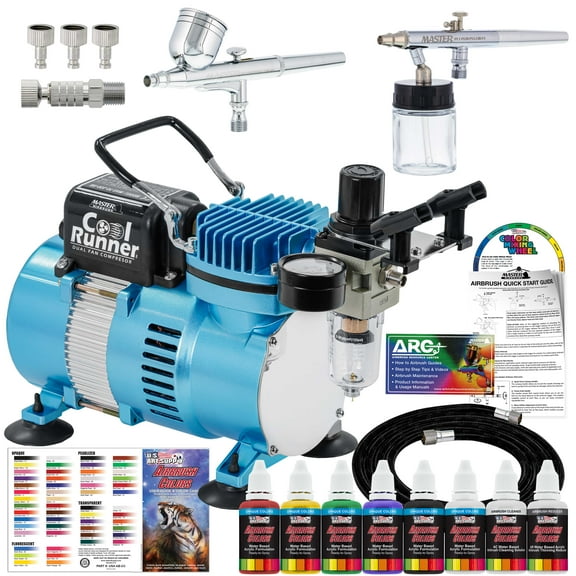 Master Airbrush Cool Runner II Dual Fan Air Compressor Airbrushing Acrylic Paint System Kit with 2 Professional Airbrushes, Hose - 6 Primary Acrylic Paint Colors Artist Set - How To Guide