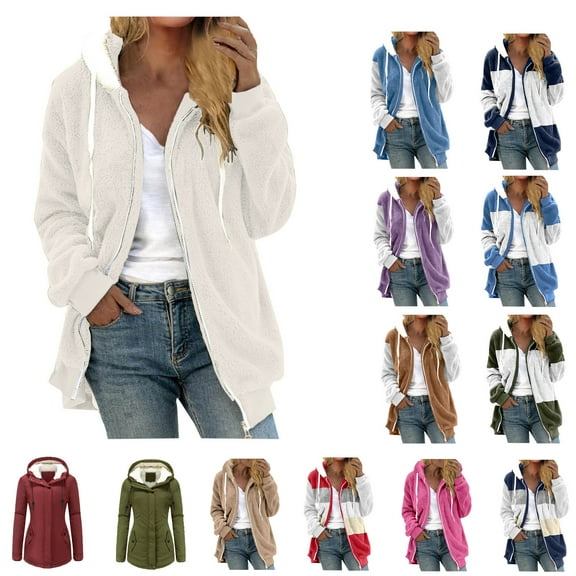 Winter Coats for Women Warm Sherpa Lined Parkas Jacket Plush Zipper Hooded Jacket Comfy Wool Coats with Pockets