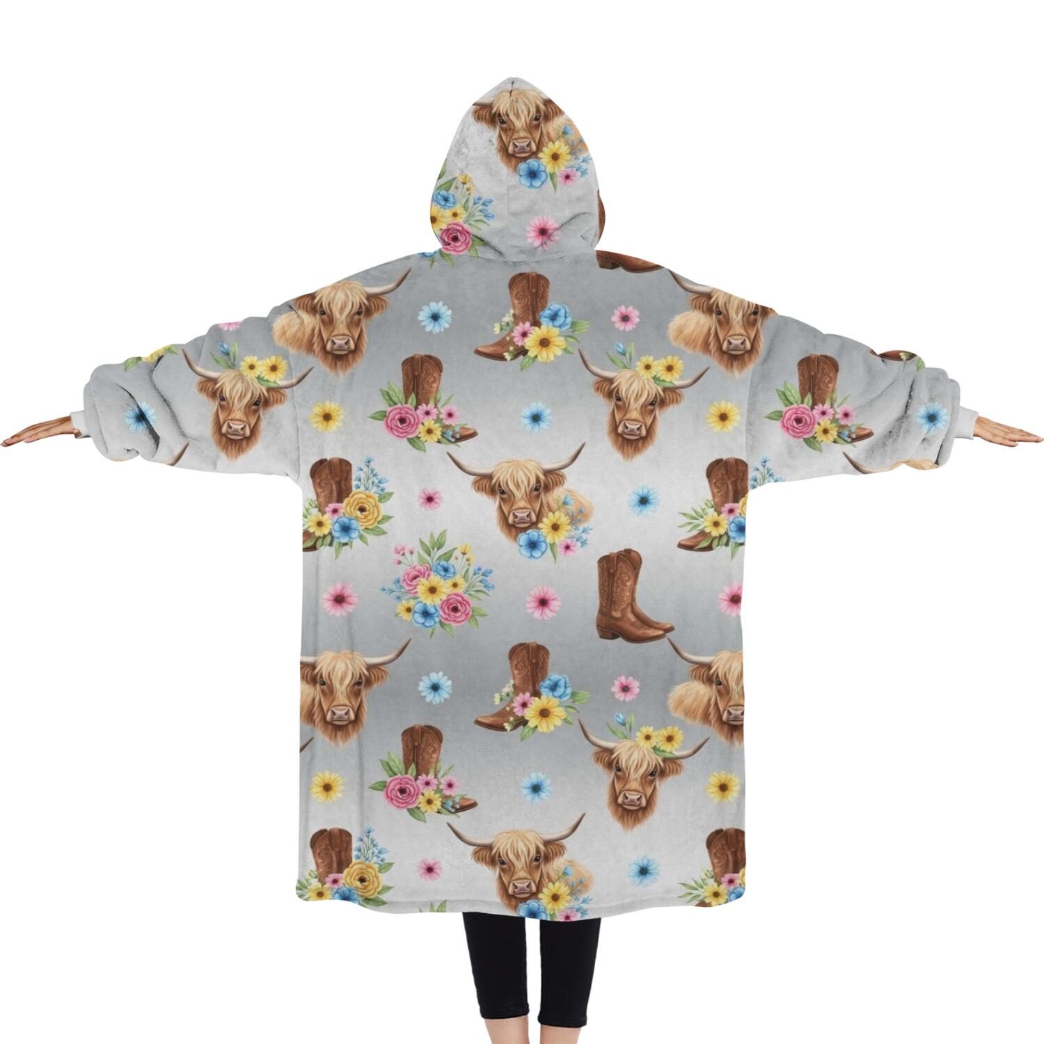Oversized Wearable Blanket Hoodie,Gray Highland Cow Flower Boot Pattern Sherpa Blanket Hoodie with Super Pockets,Super Warm Fuzzy Pullover for Women & Men