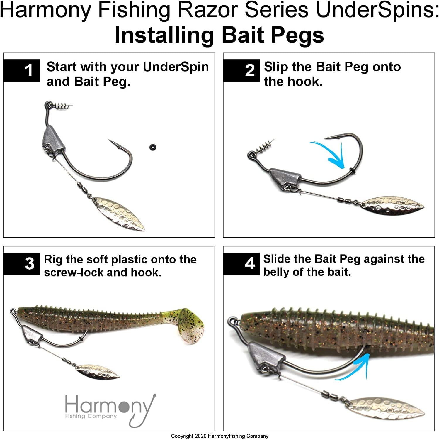 Harmony Fishing - Razor Series UnderSpin Swimbait Hooks 4 Pack w/ 5 Bait  Pegs 1/8oz, 3/0 Hook 