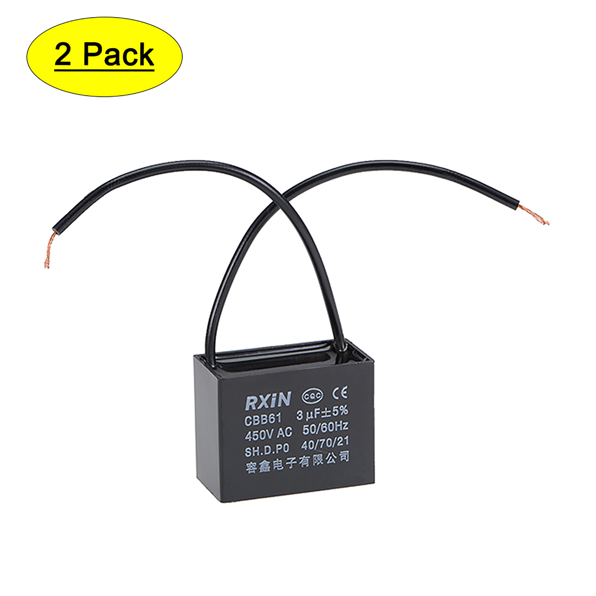 Uxcell 38x20x30mm 3uF 450V AC 2 Cable CBB61 Ceiling Fan Run Capacitor 2