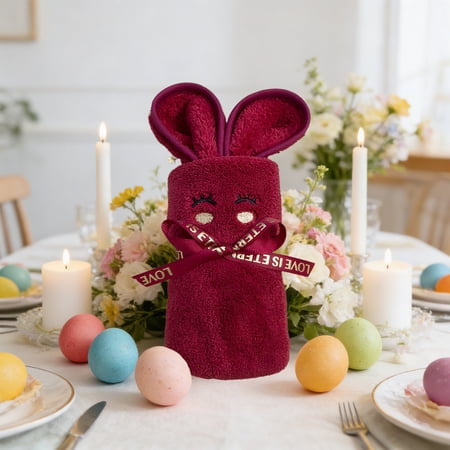 CuiLiyq Happy Bunny Embroidered Towel 15.7 x 11.8 Inch Flocked Cotton Kitchen Hand Towel Wedding Favor Housewarming Gift Home Decor Accent (Red)