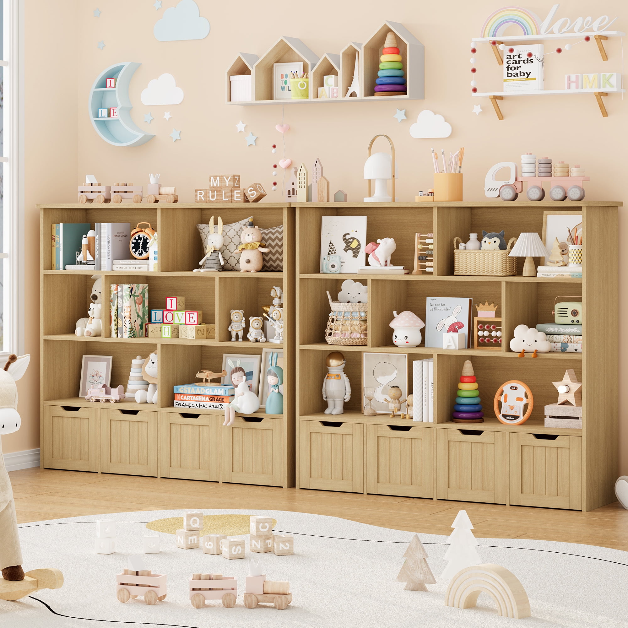 Homfa 7 Cube Toy Storage Organizer, Kids Geometric Bookcase and Bookshelf with 4 Drawers, Natural