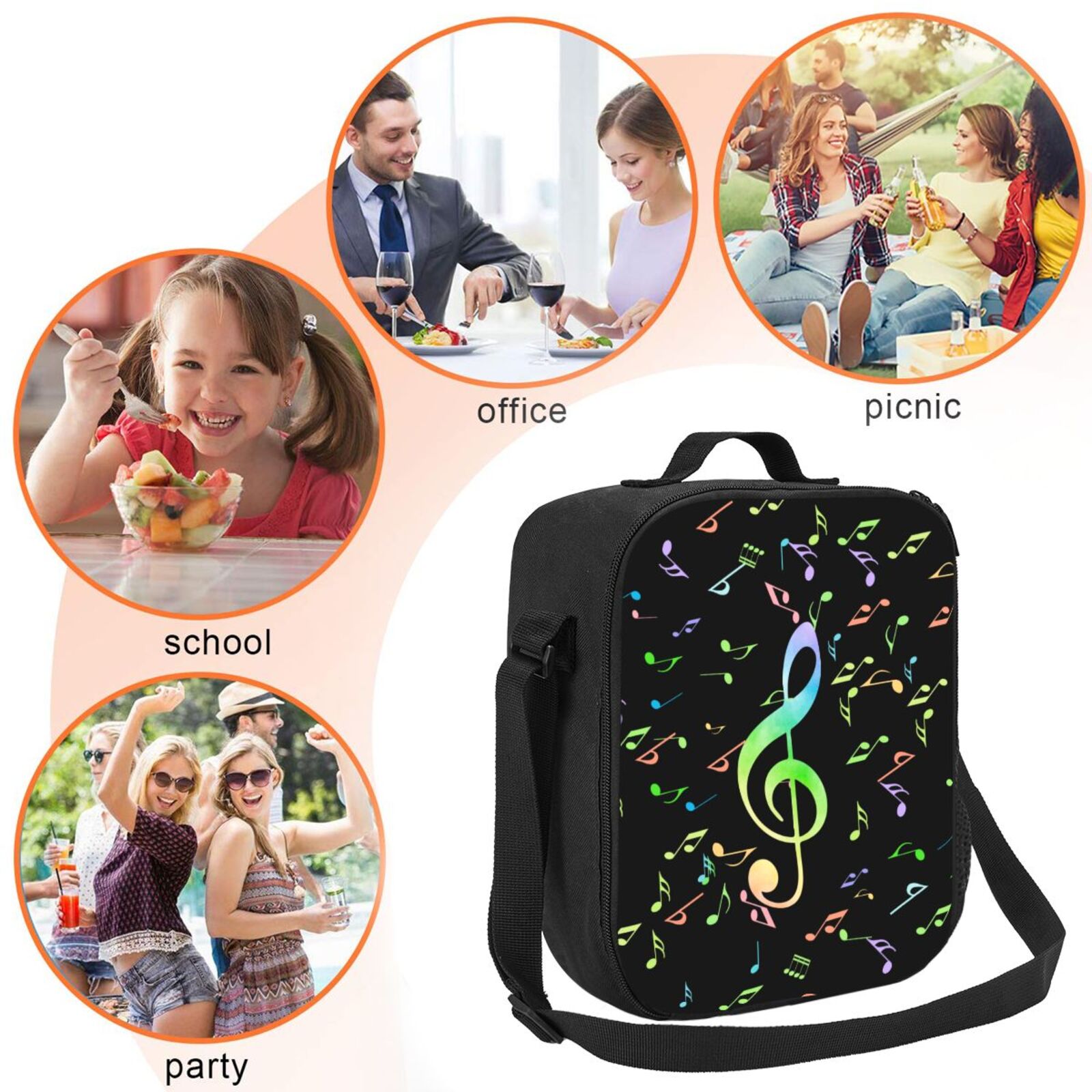 Horeoi Music Notes Pattern Insulated Thermal Lunch Bag with Leakproof Compartments for Office School Picnic Reusable Oxford Tote