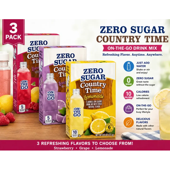 Country Time 1 Lemonade, 1 Raspberry Lemonade and 1 Pink Lemonade On-The-Go Powdered Drink Mix Zero Sugar Low-Calorie Water Enhancer Easy to Prepare Beverages 6ct each Box 3 Pack Total of 16 Servings