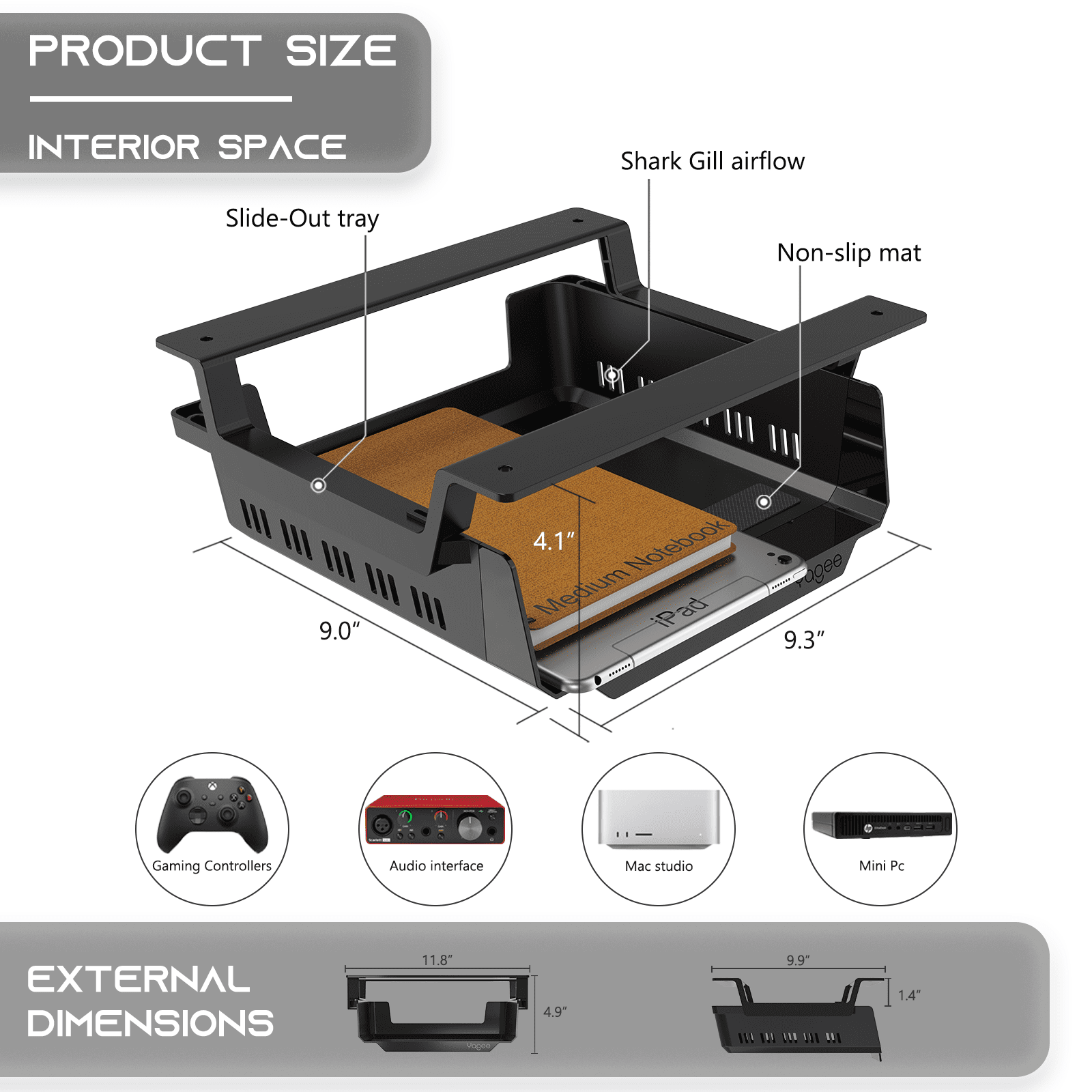 YaGee Under Desk Storage Shelf, Self-Adhesive Under Desk Tray for Standing Desk, Work Station, Gaming Battlestations, Replaces Drawer Organizers for Home, Office Holder, Black