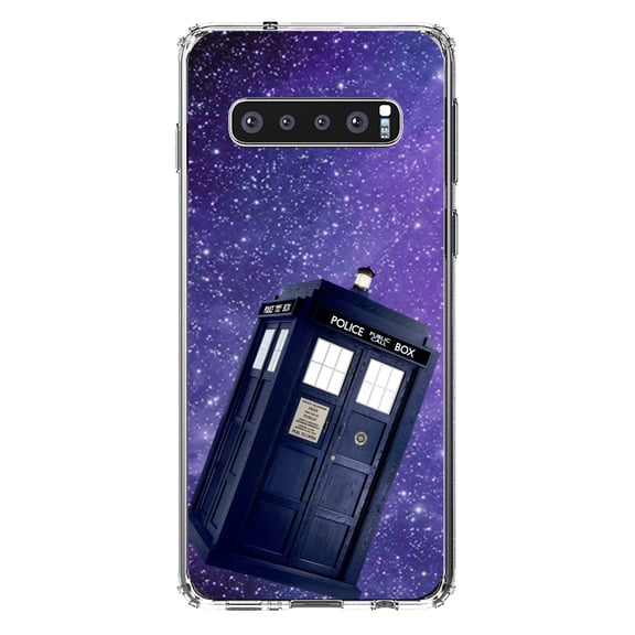 DistinctInk Clear Shockproof Hybrid Case for Samsung Galaxy S10 (6.1" Screen) - TPU Bumper, Acrylic Back, Tempered Glass Screen Protector - TARDIS Floating in Space