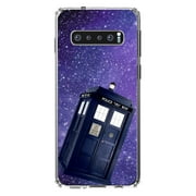 DistinctInk Clear Shockproof Hybrid Case for Samsung Galaxy S10 (6.1" Screen) - TPU Bumper, Acrylic Back, Tempered Glass Screen Protector - TARDIS Floating in Space