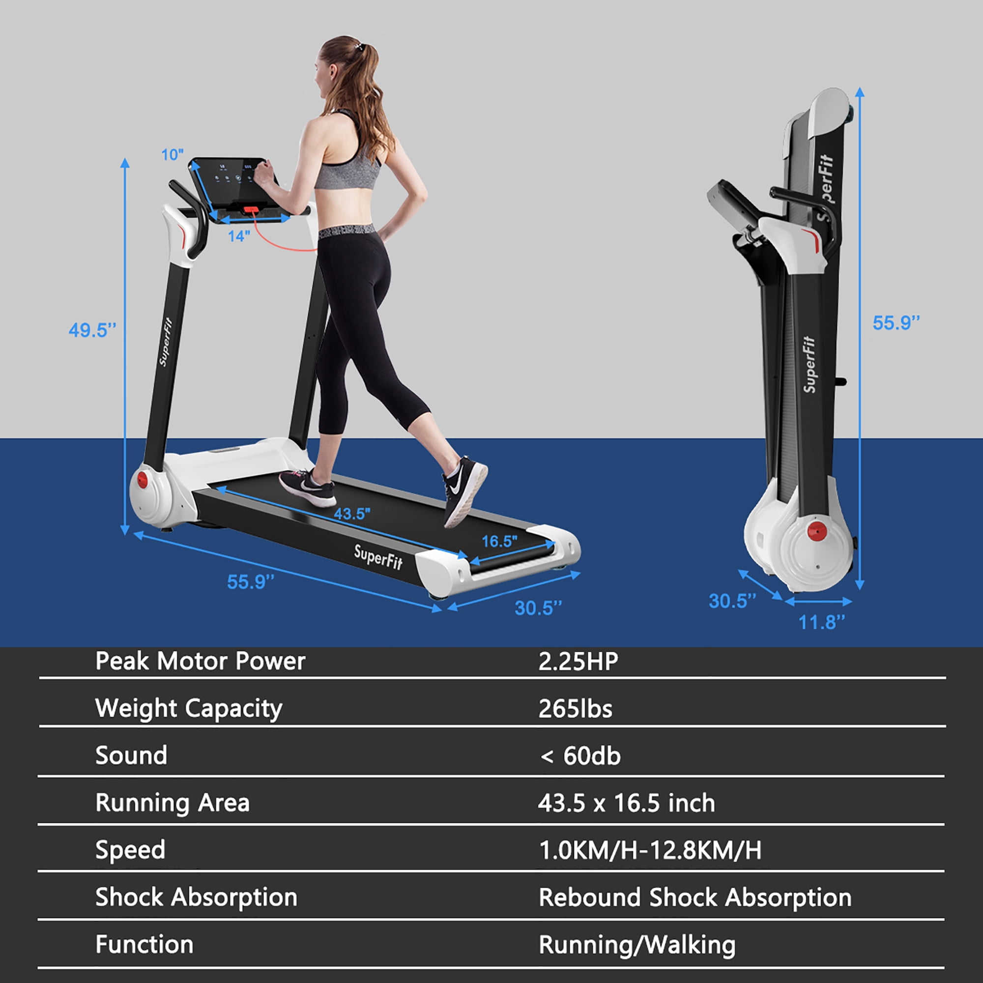 SuperFit 2.25HP Folding Electric Motorized Treadmill With Speaker