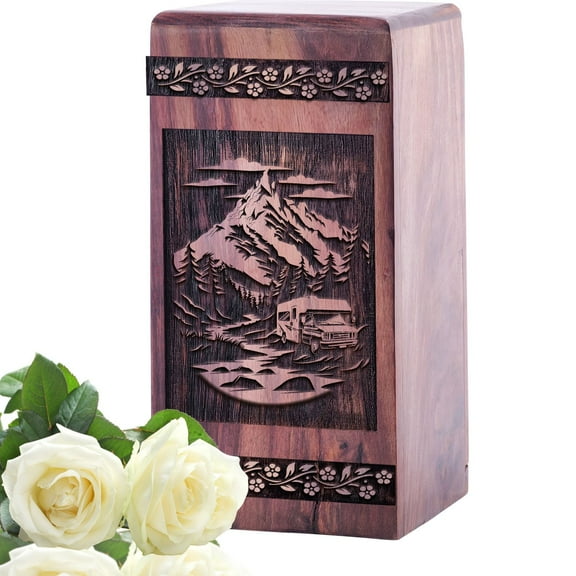 Camper In Wood Urn - Large Urn For Ashes Adult Male - Burial Urns For Adult Human Ashes - Cremation Urns For Women - Wooden Urns For Human Ashes - Memorial Urn For Human Ashes - Burial Urn - 14 Inch