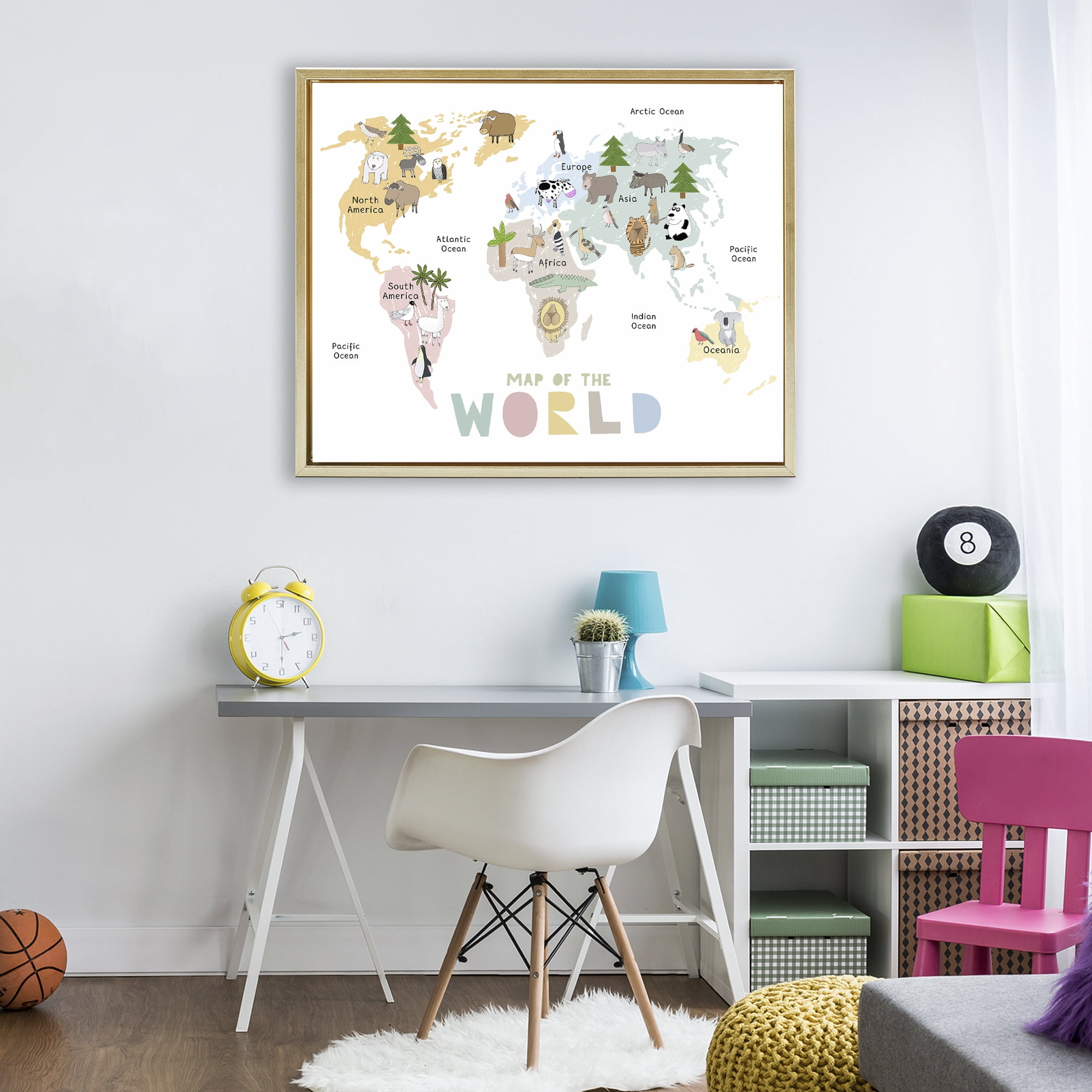 Map Of World Pastel Animals Gold Framed Floater Canvas Wall Art, design by Carla Daly