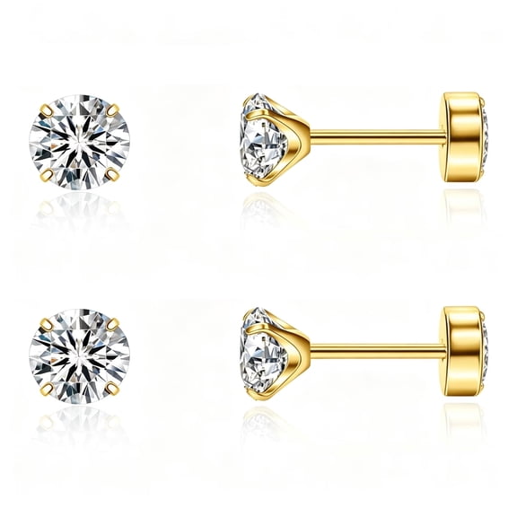DESIGNICE 8mm Long Stud Earrings,316L Steel Flat Back for Thick Earlobes,CZ