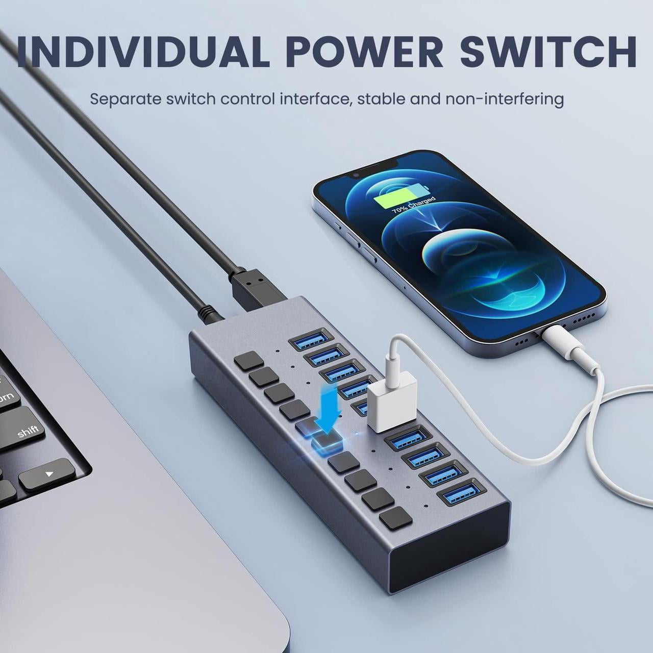 48W Powered USB Hub - 10 Ports USB 3.0 Data Hub - with Individual On/Off Switches and 12V/4A Power Adapter USB Hub 3.0 Splitter for Laptop, PC, Computer, Mobile HDD, Flash Drive