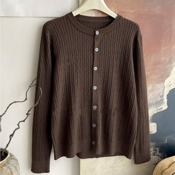 EchfiProm Womens Long Sleeve Tops Coffee Loose Cardigan Casual Ribbed Crew Neck Solid Sweater for Ladies