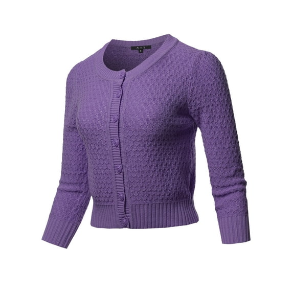 A2Y Women's Solid Cropped 3/4 Sleeve Button Down Crew Neck Knit Cardigan Sweater Blue Berry XL