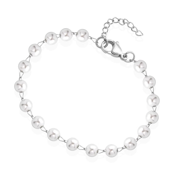 555Jewelry Stainless Steel Cable Link Charm Cute Pearl Bead Bracelets for Women & Girls, Silver, 7.5 Inch