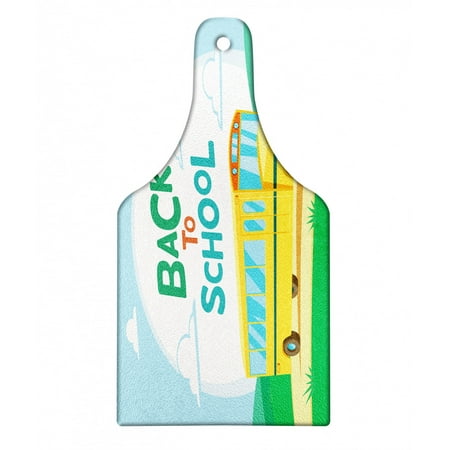 

School Bus Cutting Board Back to School Welcoming on a Sunny Day Cartoon out in the Field on the Road Decorative Tempered Glass Cutting and Serving Board in 3 Sizes by Ambesonne