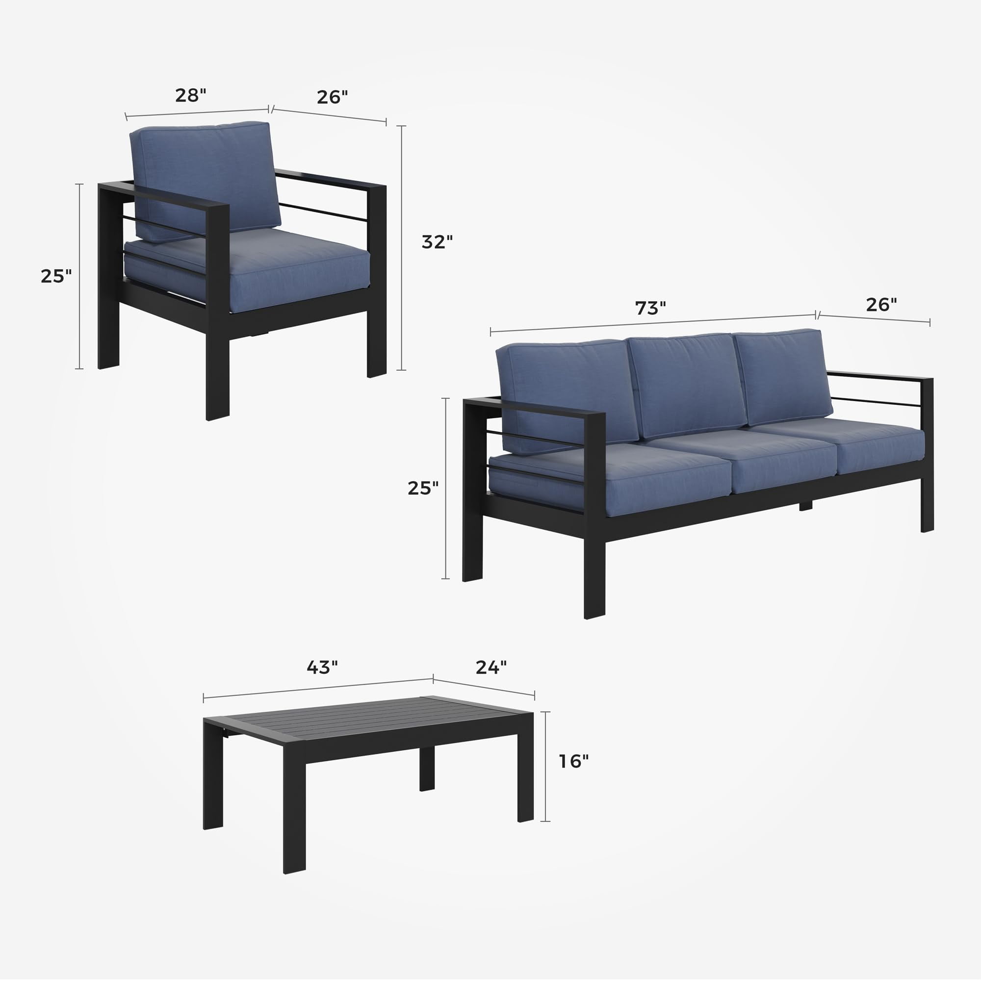 Cozy Home 5-Piece Aluminum Ergonomic Outdoor Conversation Sets with Table and Cushions, Black/Blue