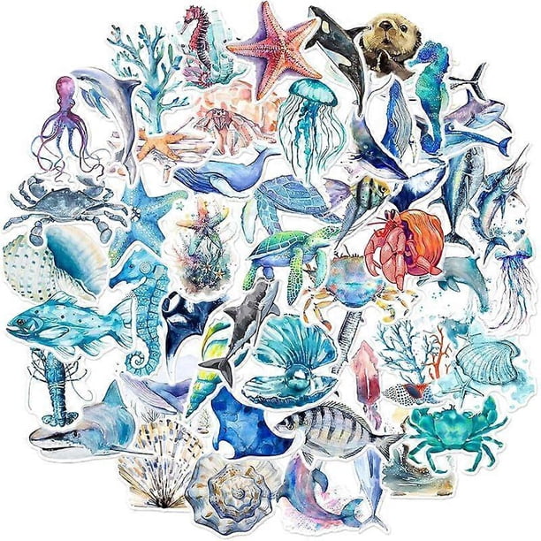 Set of 50 waterproof sea creature shaped stickers, fish shaped stickers under the sea, children's