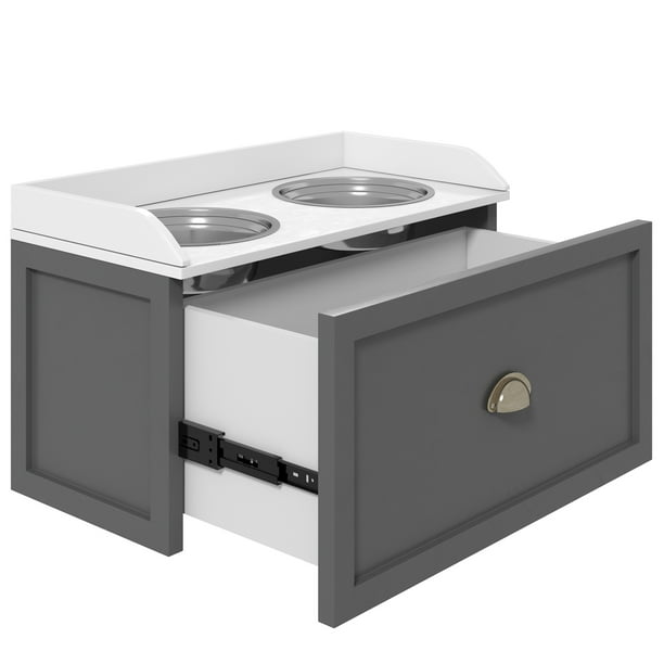Dog bowl top stand with storage