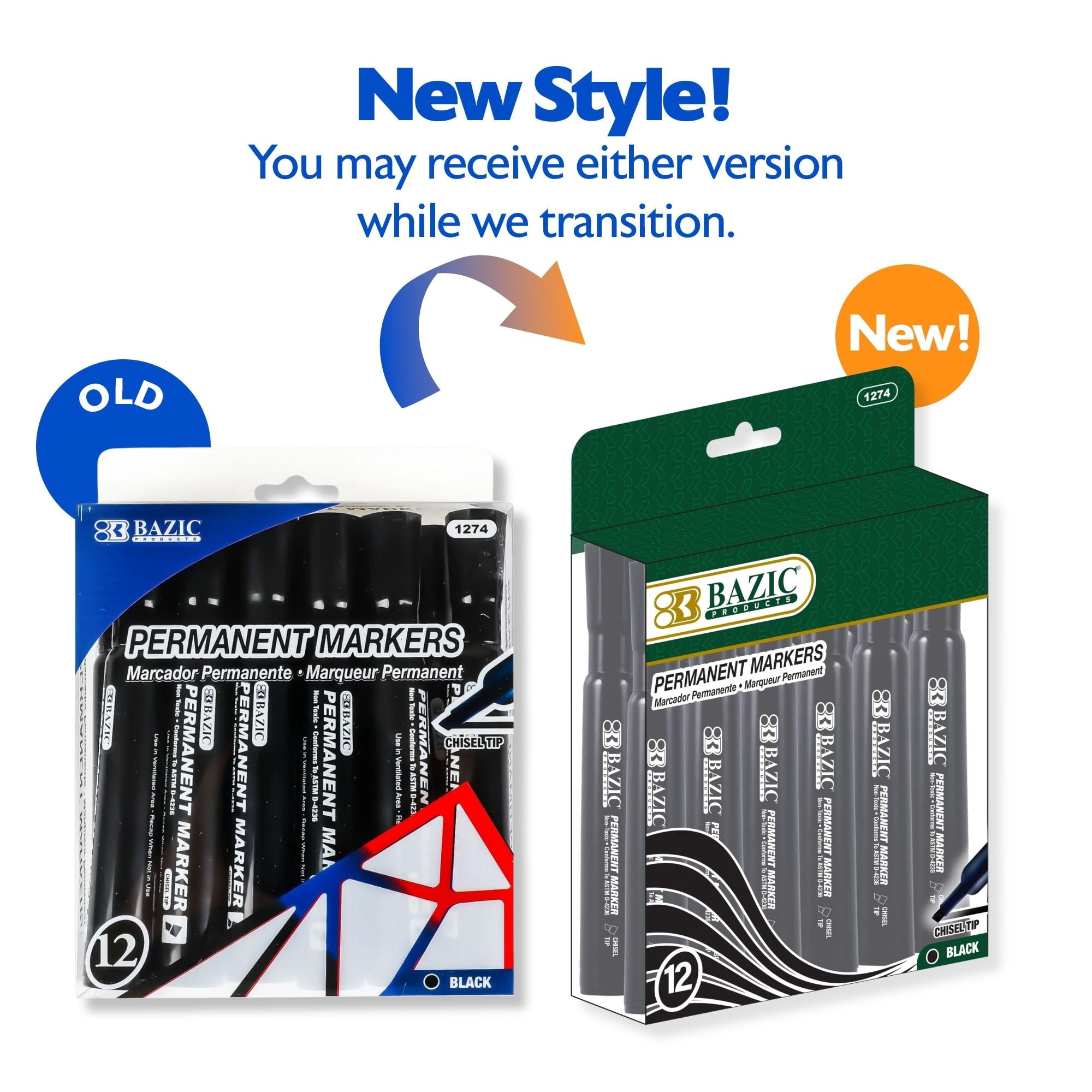BAZIC Black Color Chisel Tip Style Permanent Marker, Total 144 Count