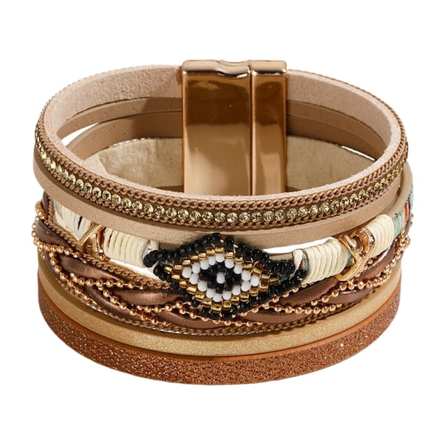 Pulsera tipo brazalete estilo boho, multicapa, para complementar un vestido occidental o para fiestas. Caqui