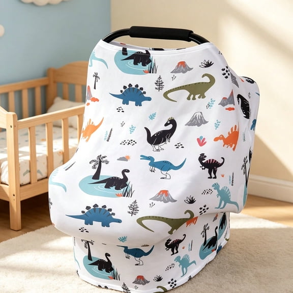 Dinosaur-Print Baby Car Seat Cover – Multifunctional Nursing Cover/Sunshade