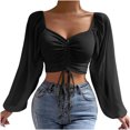 thumbnail image 2 of Pincandy Women's Long Sleeve Mesh Solid Color Drawstring V-Neck Cropped Top Blouse,Black,L, 2 of 9