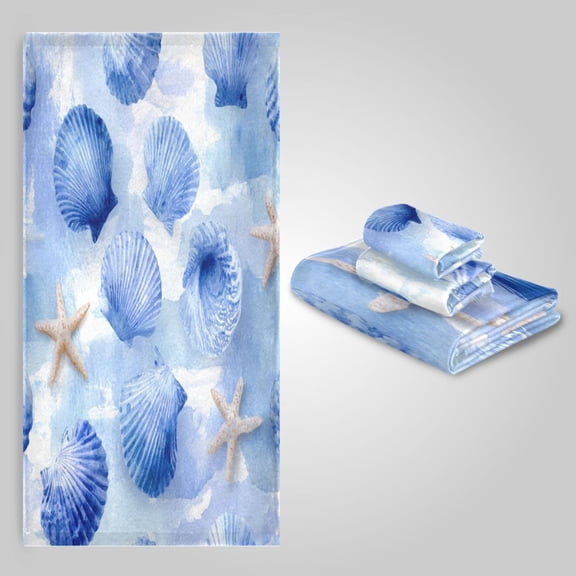 3 Sizes Towel Set - Bath Towel, Hand Towel & Washcloth for Daily Household Use Cerulean Seashells Pattern