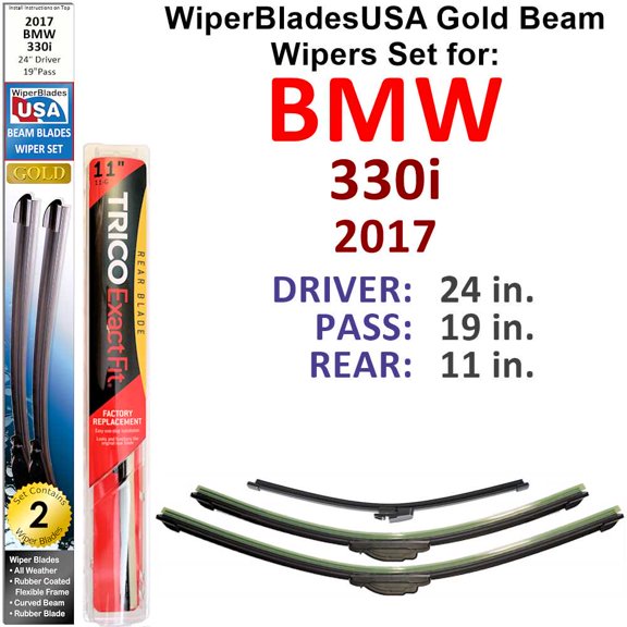 2017 BMW 330i Beam Wiper Blades Wipers WBUSA (Set of 3) w/Rear Wiper