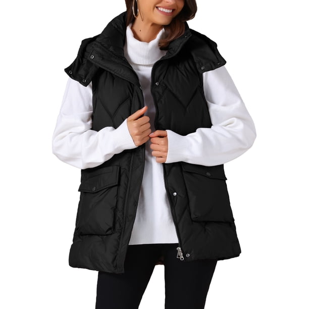 CHALECO INSPIRADOR CHIC para Mujer Abrigo de Invierno con Capucha, Cierre de Cremallera, Largo Medio, Sin Mangas, Acolchado, Talla S, Negro