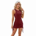 thumbnail image 2 of Womens Ruched Bodycon Mini Dress Sleeveless Crewneck Drawstring Club Dress Claret L, 2 of 10